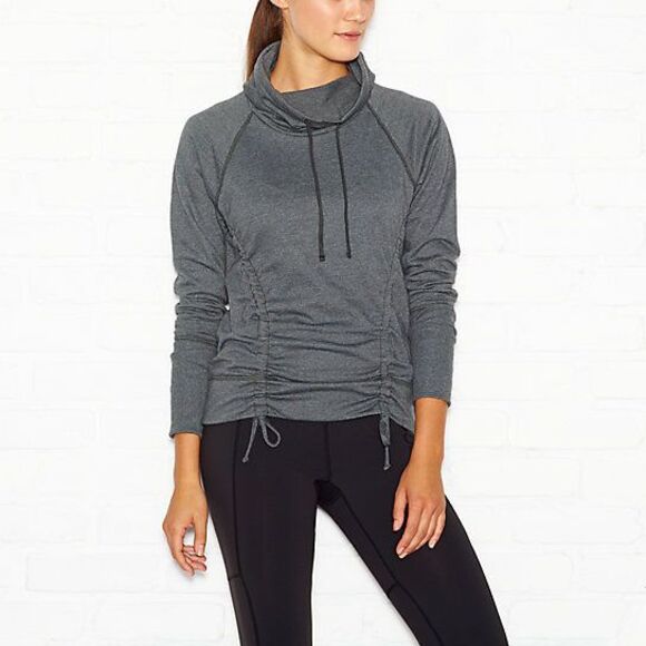 NWT Womens Lucy Activewear M Top Dark Gray Green Sleeves Pullover Cowl Neck New - Picture 1 of 8